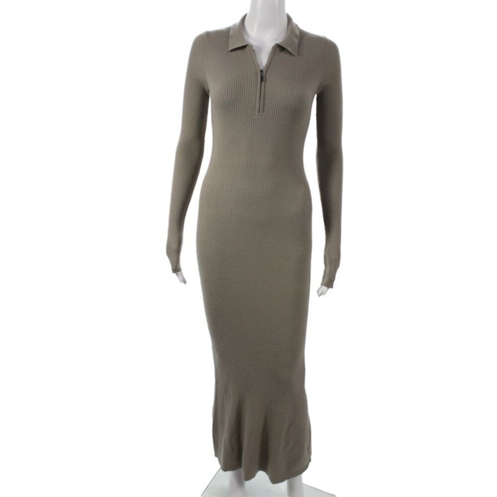 Toccin Womens Bodycon Sweater Dress Beige Collared Zip Long Sleeve Size XS